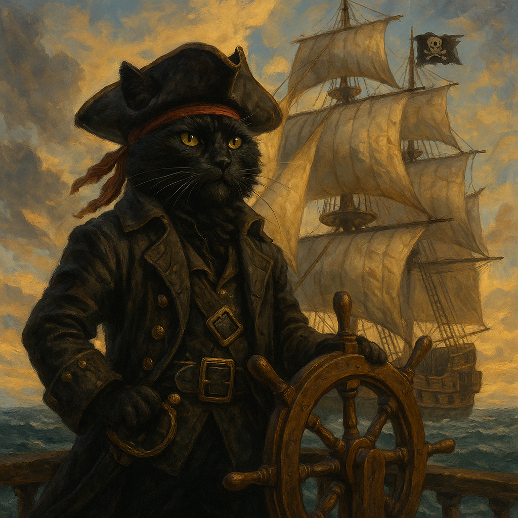 Captain Blackfurr the most feared cat in the 7 seas sailing away in his mighty ship