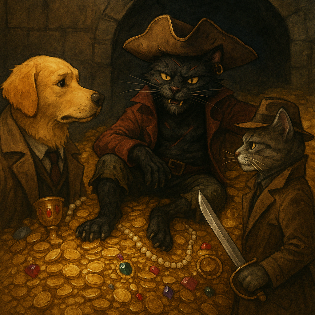 There sprawled across piles of stolen gold and shimmering jewels sat Captain Blackfurr himselfhis black fur streaked with scars eyes gleaming with menaceAh Detective Woofbark and Inspector Fuzzboot the pirate snarled I wondered when youd find meWoofb-2 There sprawled across piles of stolen gold and shimmering jewels sat Captain Blackfurr himselfhis black fur streaked with scars eyes gleaming with menaceAh Detective Woofbark and Inspector Fuzzboot the pirate snarled I wondered when youd find meWoofb-2