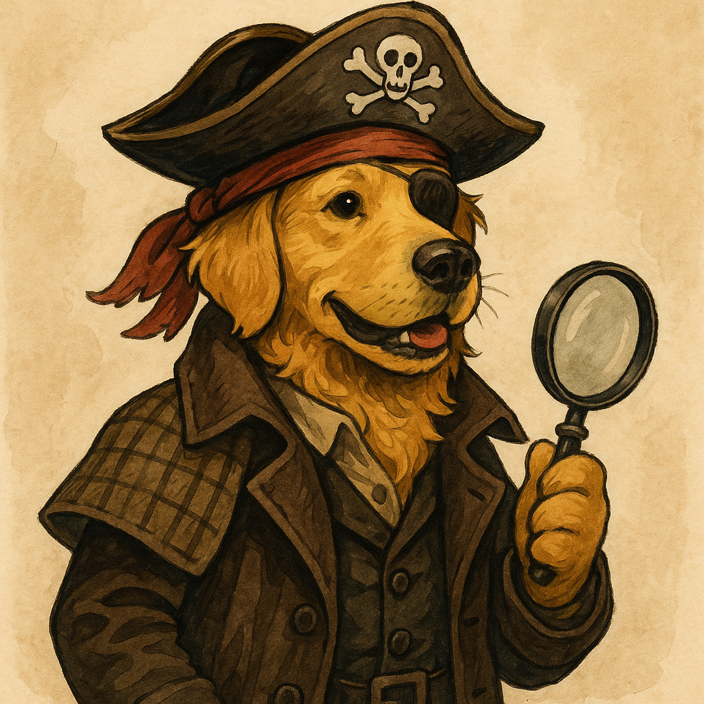Woofbark is a pirate detective golden retriever